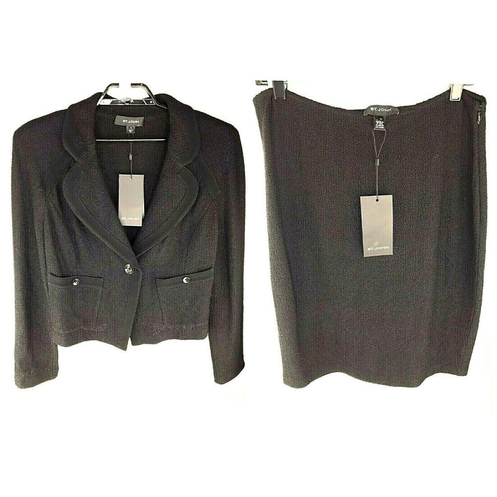 ST JOHN CAVIAR SUIT Jacket 16 Skirt 12 Black Knit